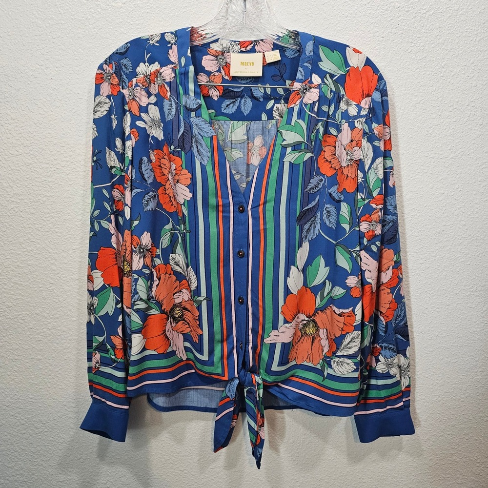 Maeve Anthropologie Womens Blue Floral Stripe Tie‎ Front Button Blouse Size 4